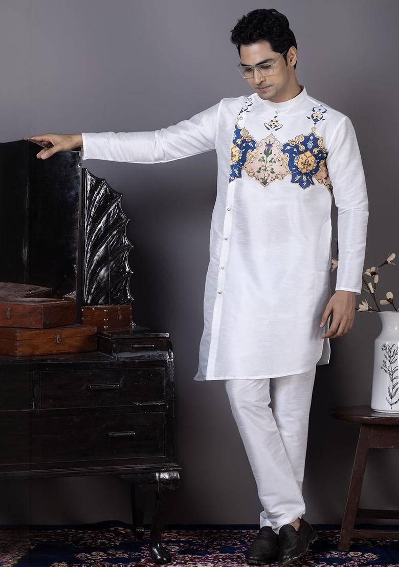 White Printed Silk Kurta Set For Men - Indya