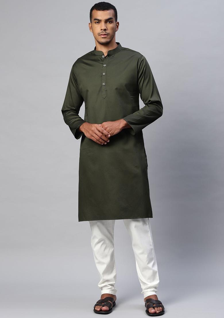 Olive Solid Cotton Kurta Set For Men - Indya