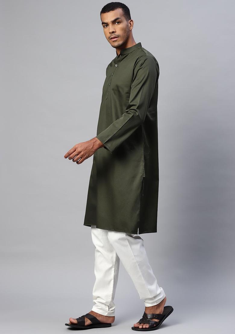 Olive Solid Cotton Kurta Set For Men - Indya