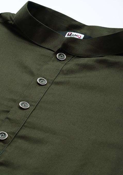 Olive Solid Cotton Kurta Set For Men