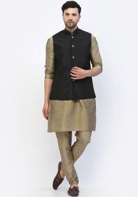 Beige Solid Silk Kurta Set For Men