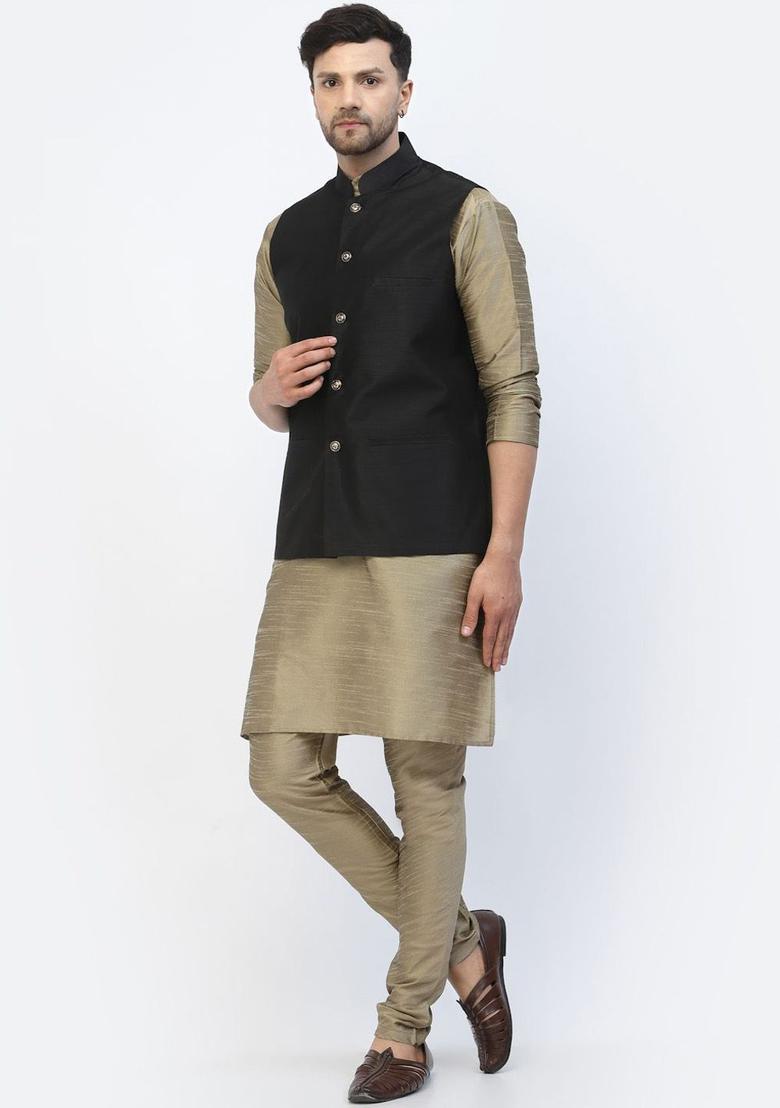 Beige Solid Silk Kurta Set For Men - Indya