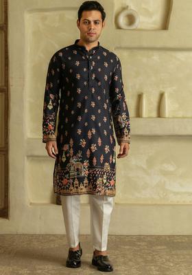 Black Printed Viscose Kurta Set For Men