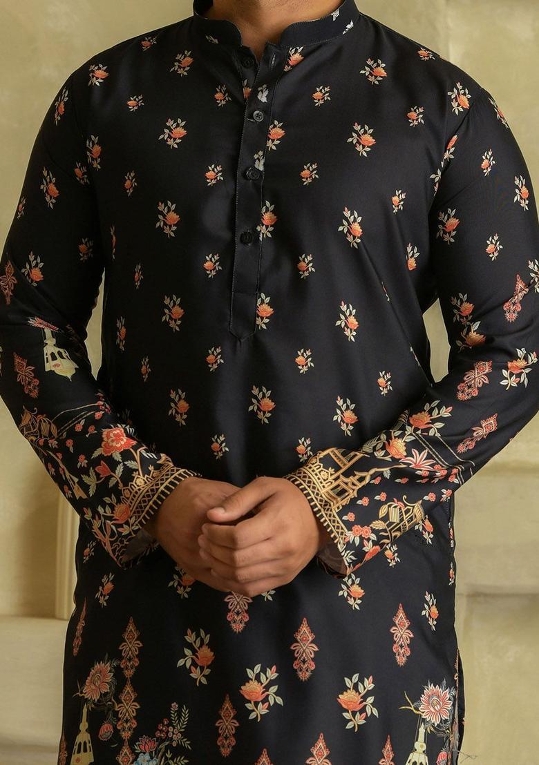 Black Printed Viscose Kurta Set For Men - Indya