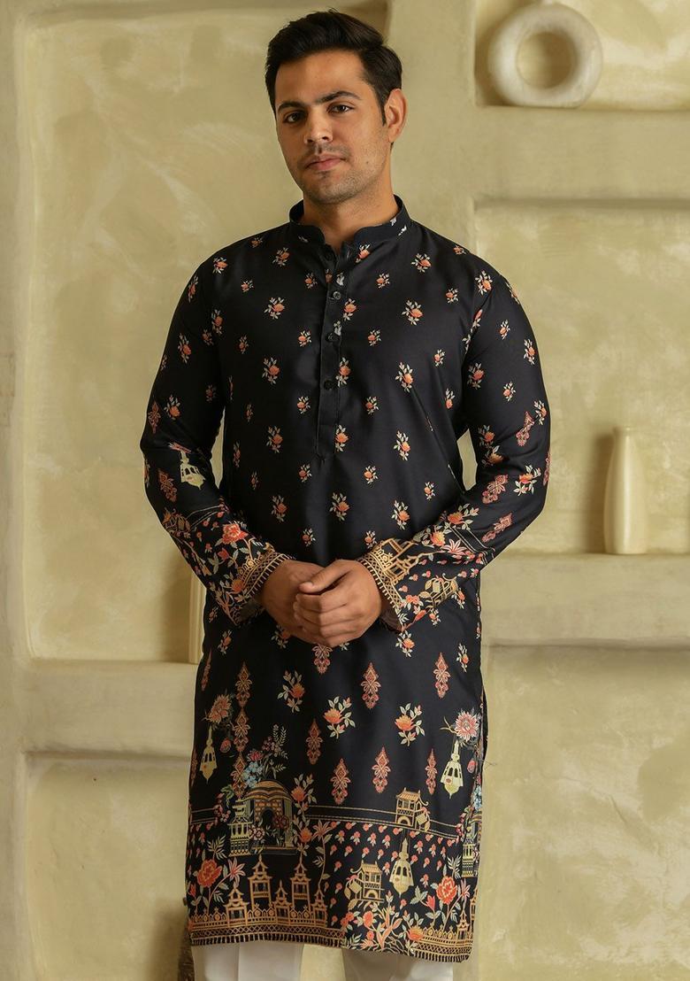 Black Printed Viscose Kurta Set For Men - Indya