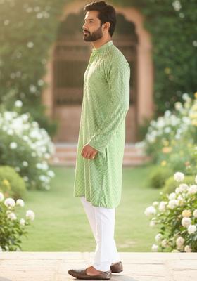 Lime Green Self Design Viscose Kurta Set For Men