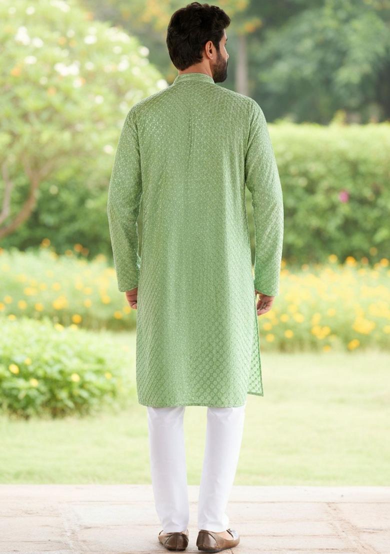 Lime Green Self Design Viscose Kurta Set For Men - Indya