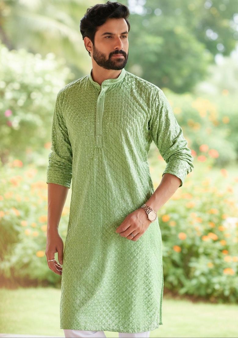Lime Green Self Design Viscose Kurta Set For Men - Indya