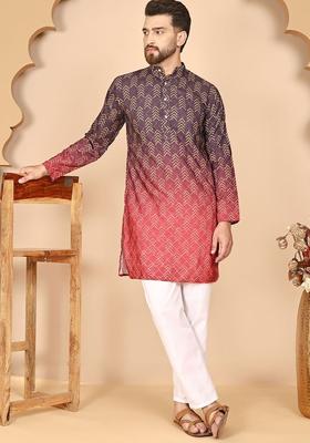 Coffee Brown Printed Cotton Kurta Set For Men