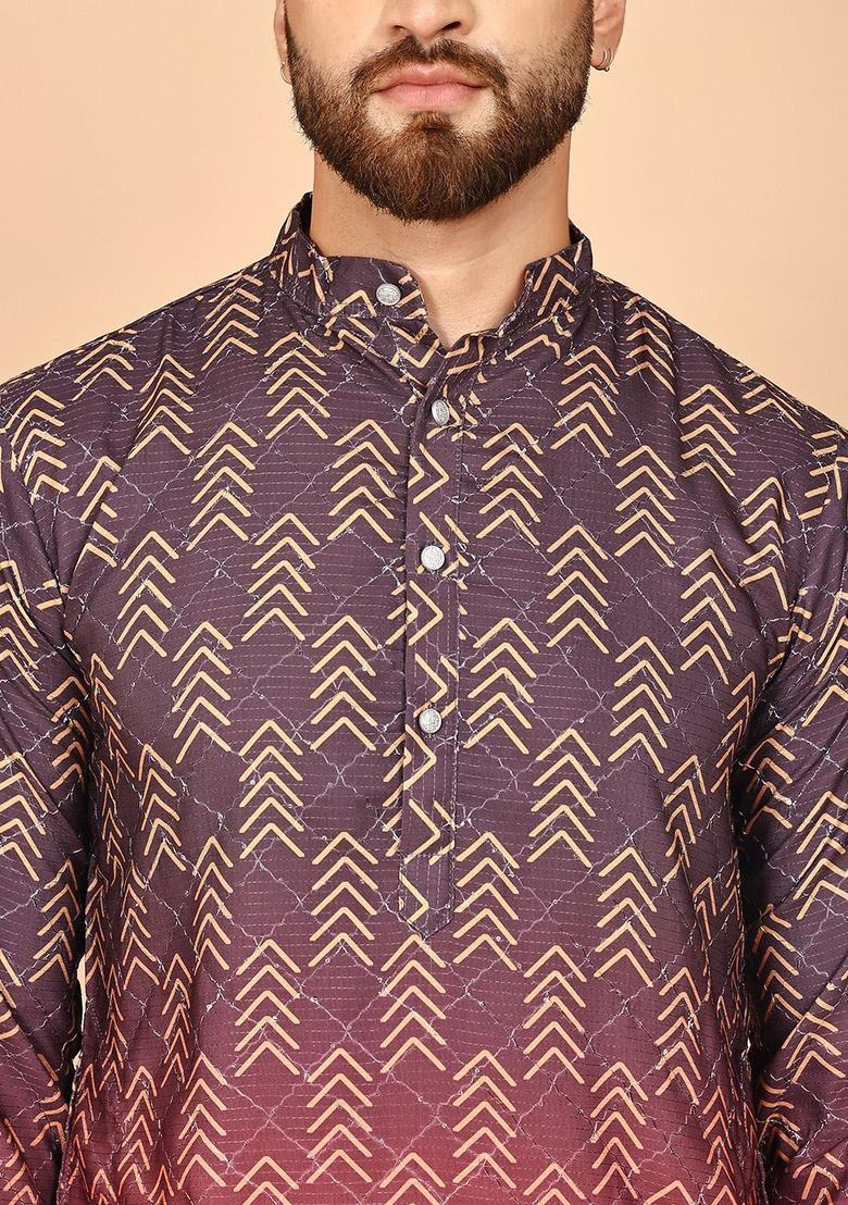 Coffee Brown Printed Cotton Kurta Set For Men - Indya