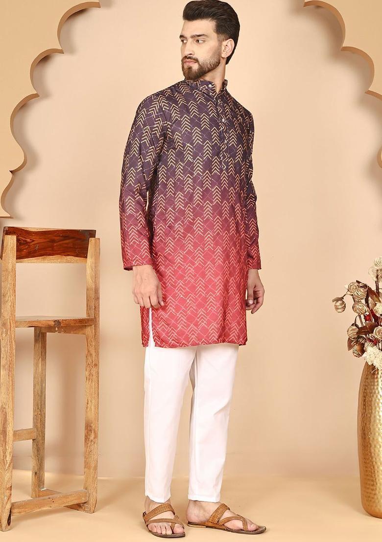Coffee Brown Printed Cotton Kurta Set For Men - Indya