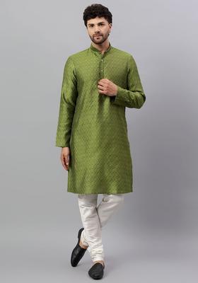 Green Embroidered Silk Kurta Set For Men
