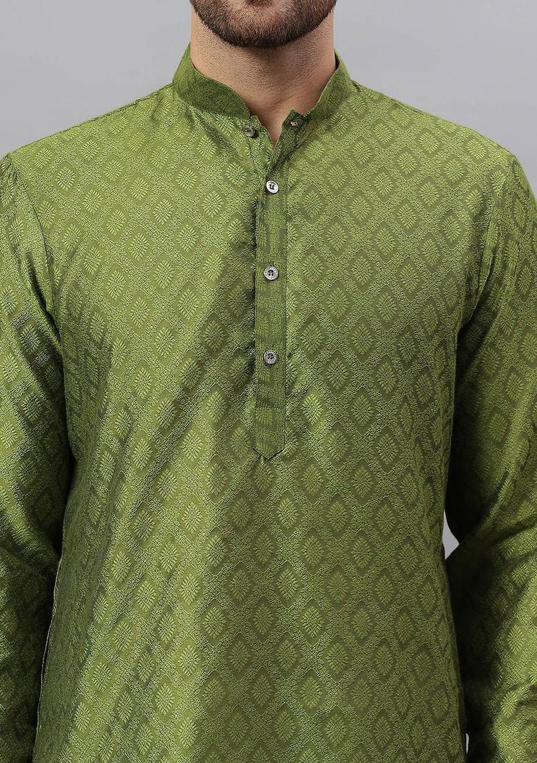 Green Embroidered Silk Kurta Set For Men - Indya