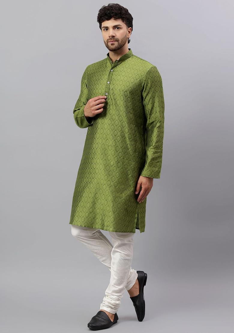 Green Embroidered Silk Kurta Set For Men - Indya