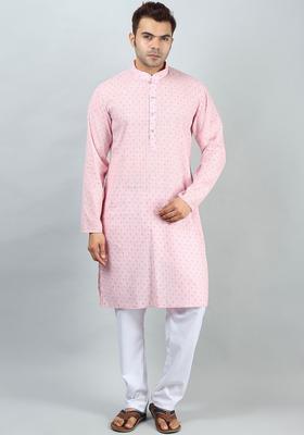 Pink Printed Silk Kurta Set For Men