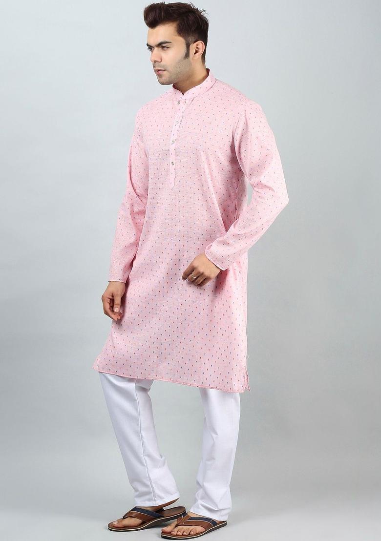 Pink Printed Silk Kurta Set For Men - Indya
