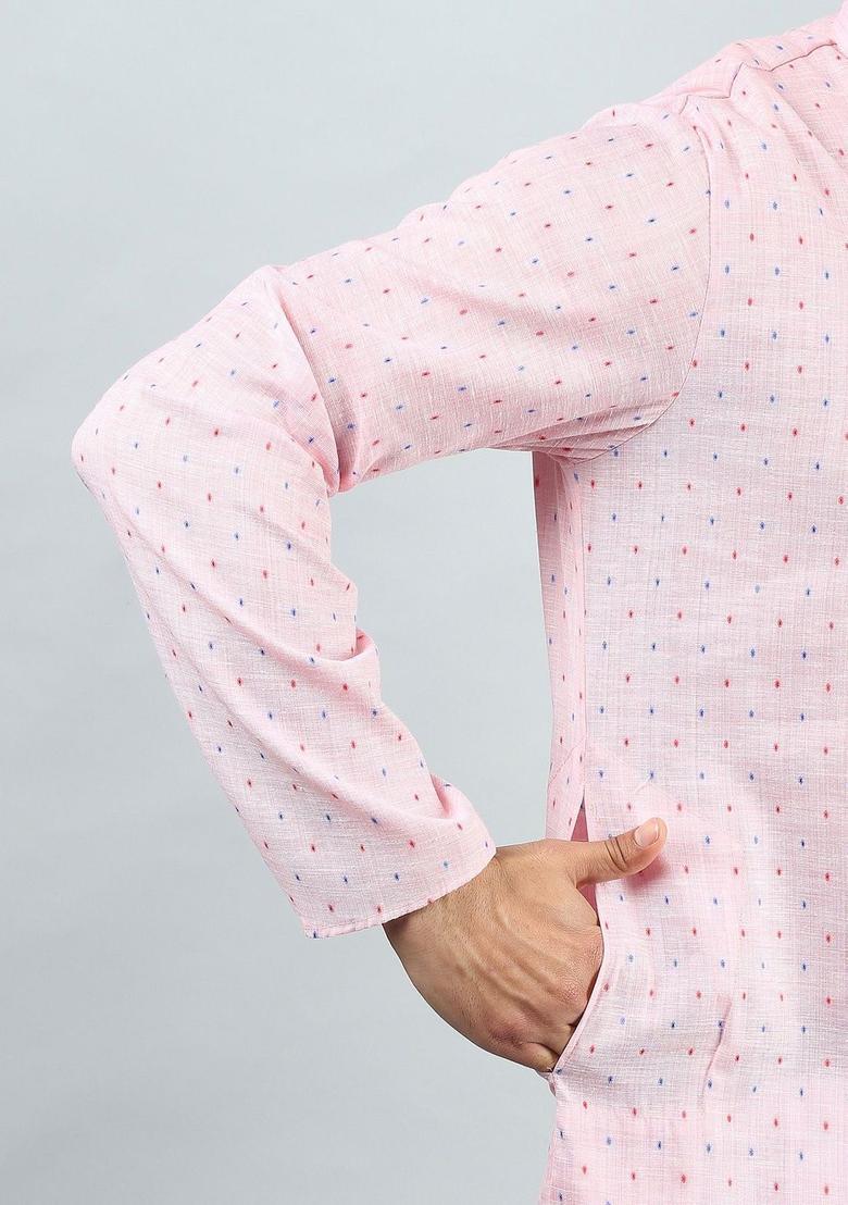 Pink Printed Silk Kurta Set For Men - Indya