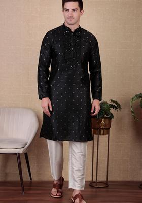 Black Woven Design Silk Kurta Set For Men