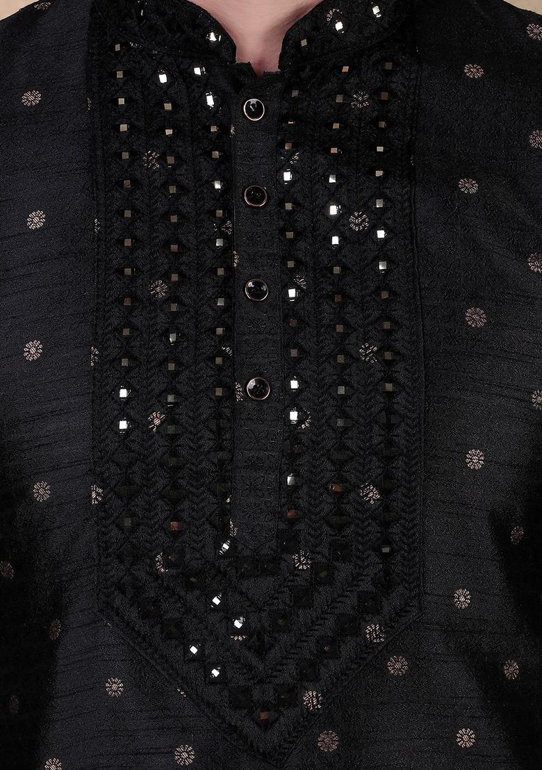 Black Woven Design Silk Kurta Set For Men - Indya