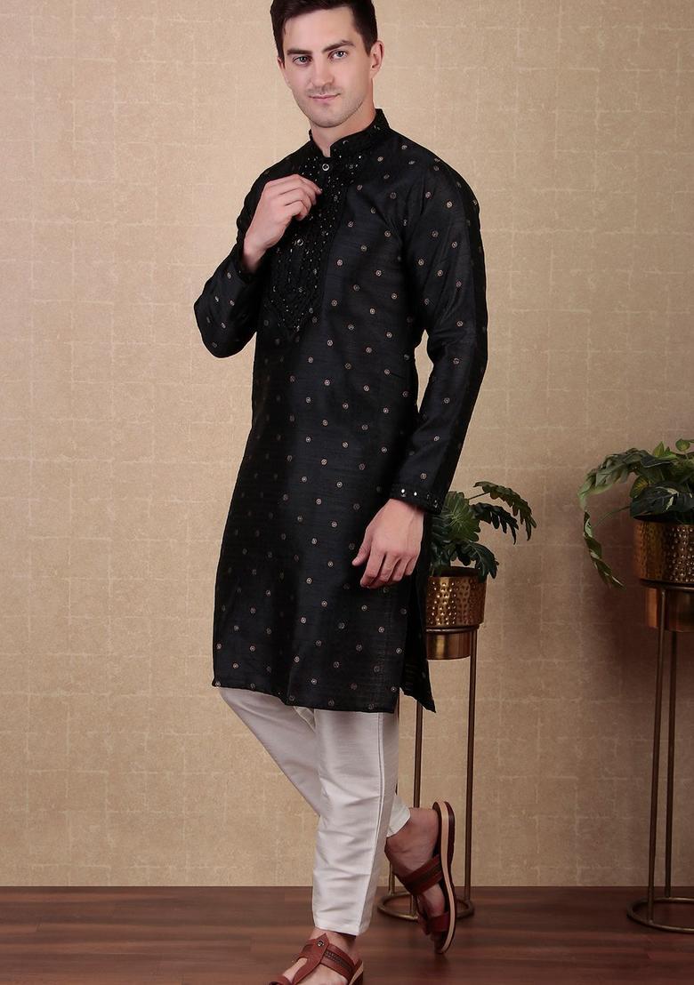 Black Woven Design Silk Kurta Set For Men - Indya