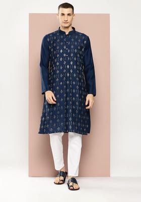 Navy Blue Embroidered Viscose Kurta Set For Men