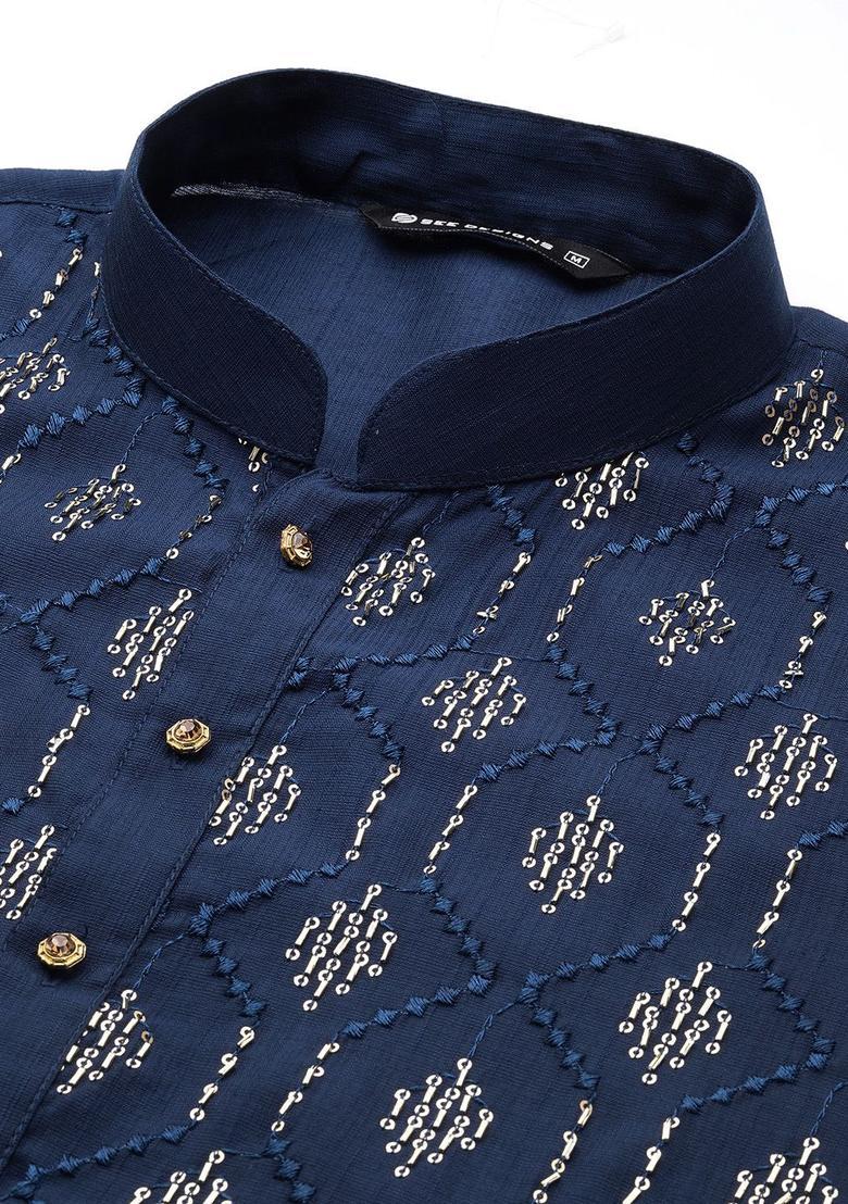 Navy Blue Embroidered Viscose Kurta Set For Men - Indya