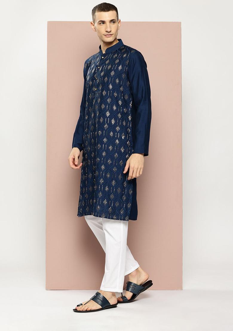 Navy Blue Embroidered Viscose Kurta Set For Men - Indya