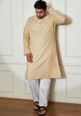 Beige Solid Cotton Kurta Set For Men