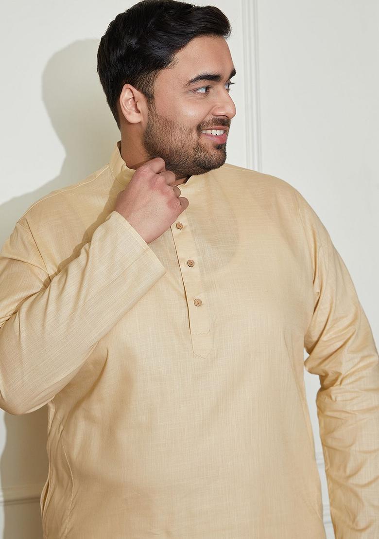 Beige Solid Cotton Kurta Set For Men - Indya