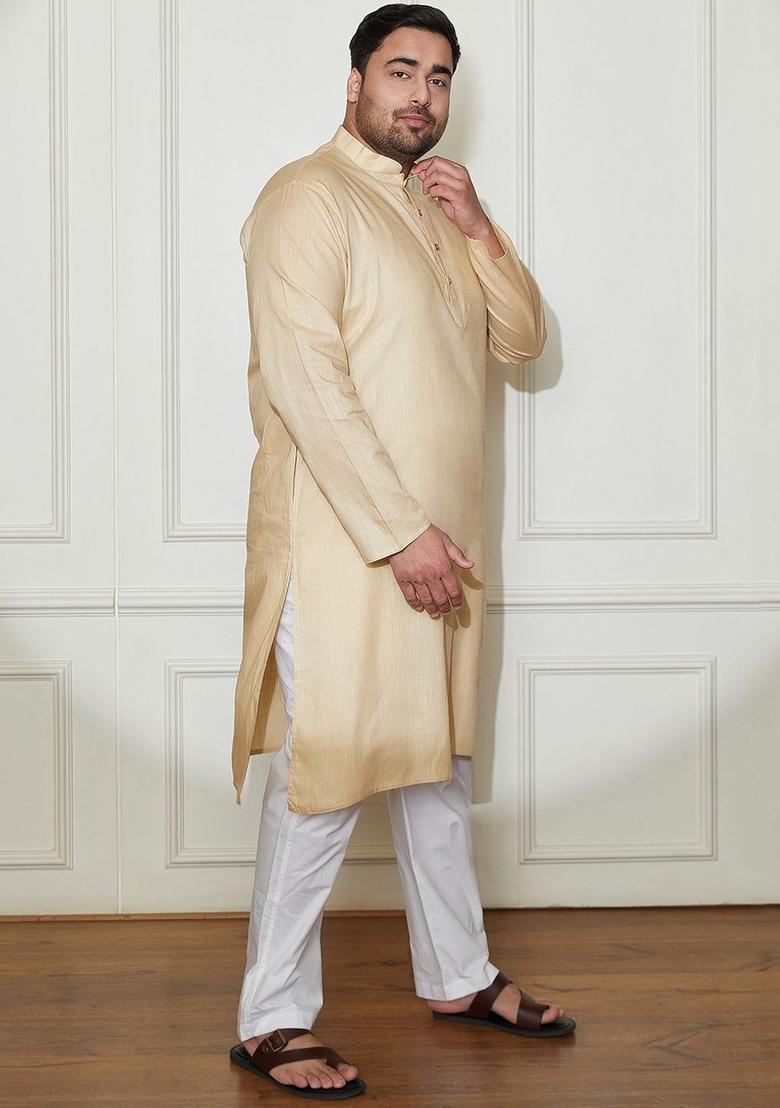 Beige Solid Cotton Kurta Set For Men - Indya