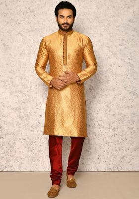 Gold Woven Design Silk Kurta Set For Men