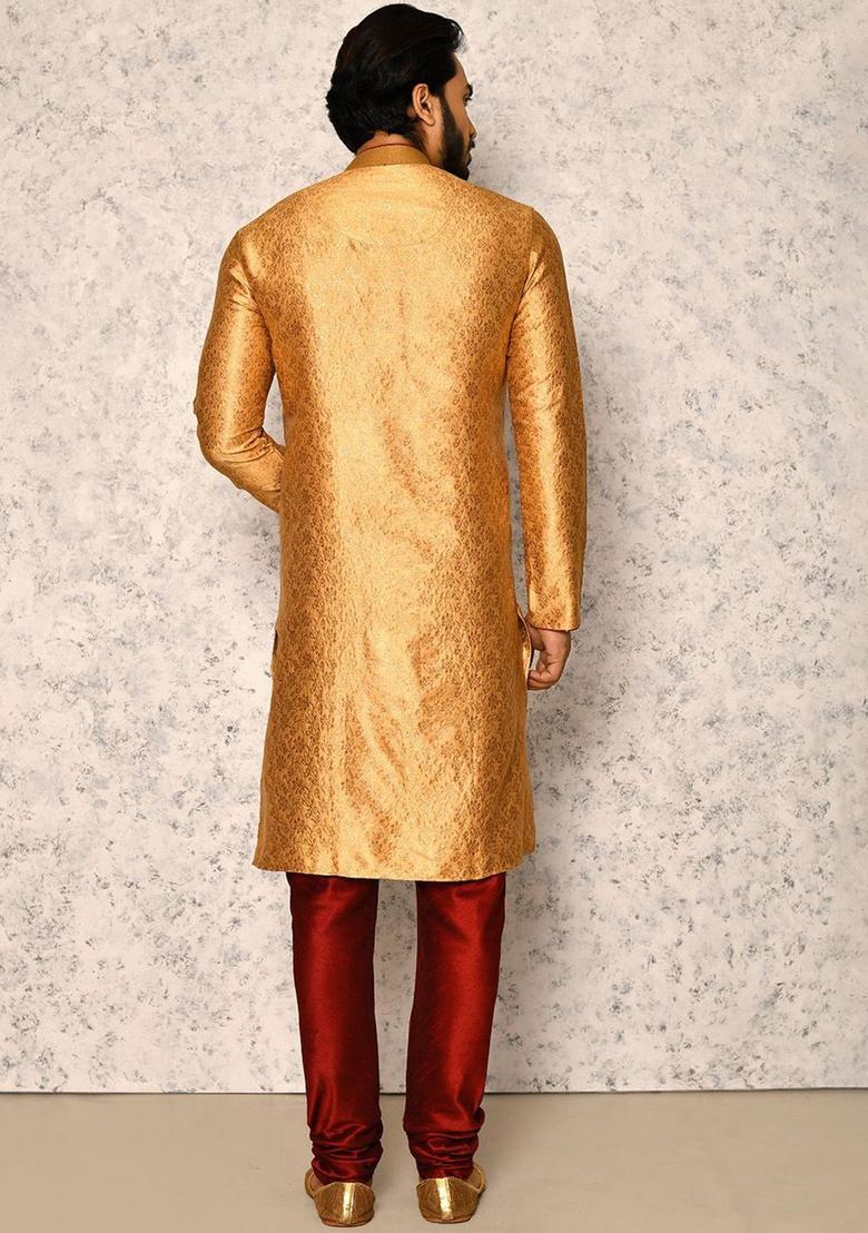 Gold Woven Design Silk Kurta Set For Men - Indya