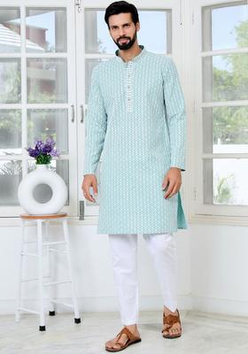 Sea Green Embroidered Viscose Kurta Set For Men