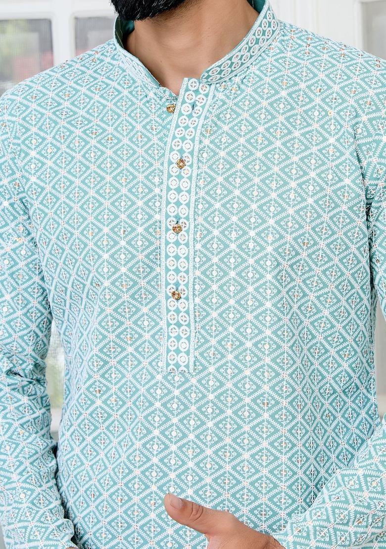 Sea Green Embroidered Viscose Kurta Set For Men - Indya