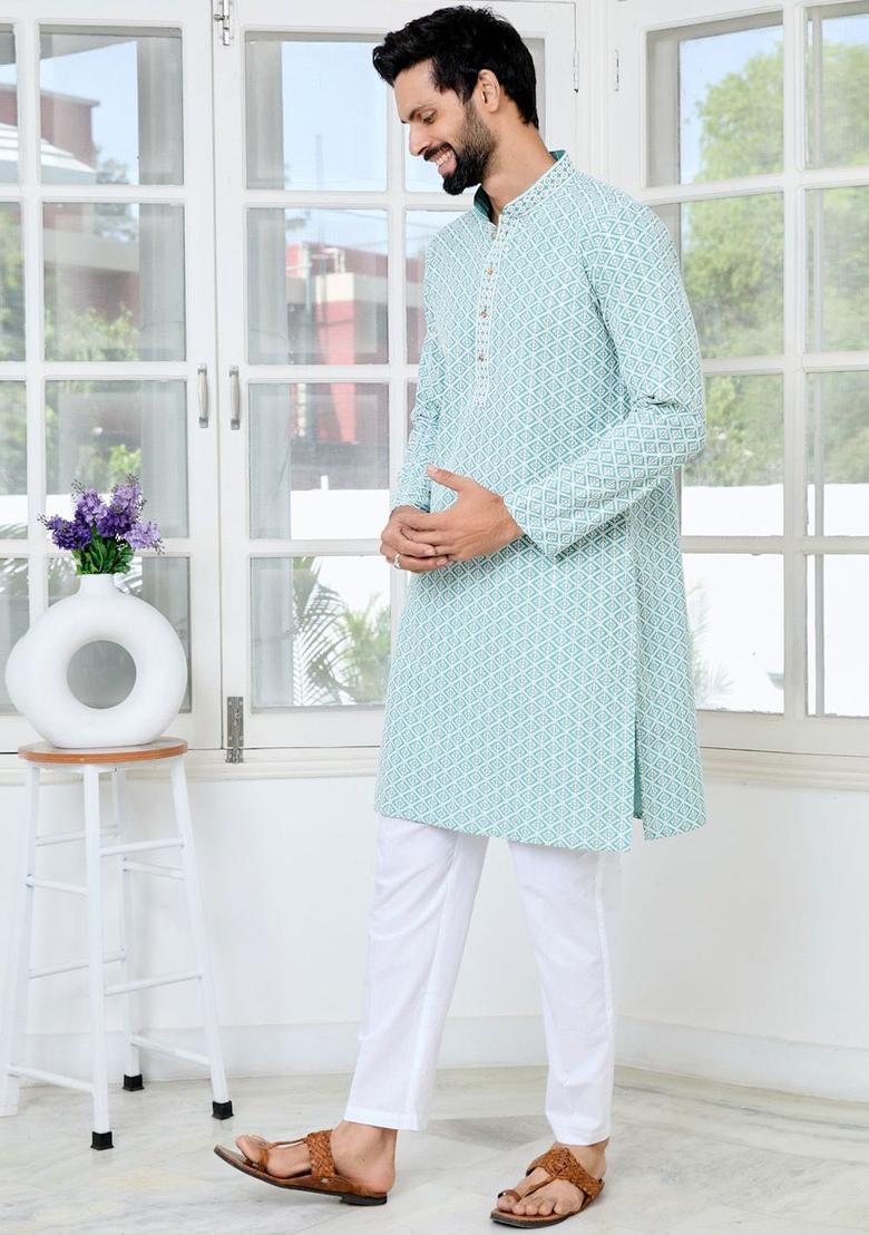 Sea Green Embroidered Viscose Kurta Set For Men - Indya