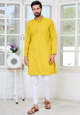 Yellow Embroidered Viscose Kurta Set For Men