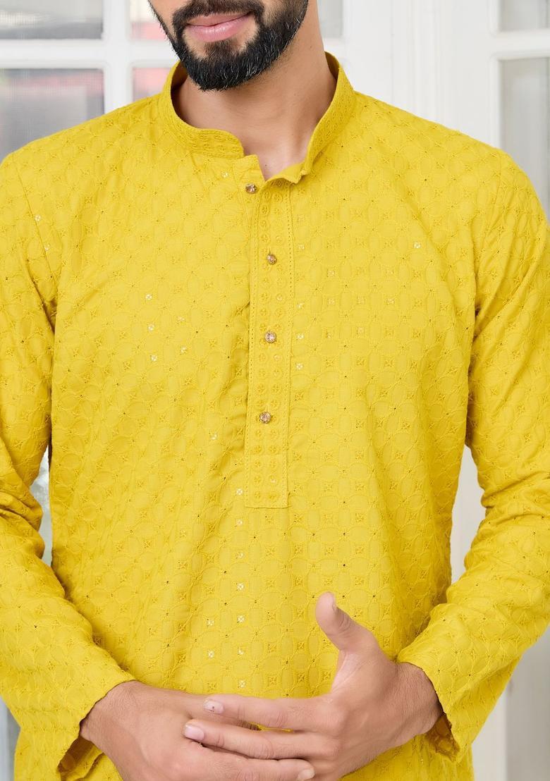 Yellow Embroidered Viscose Kurta Set For Men - Indya