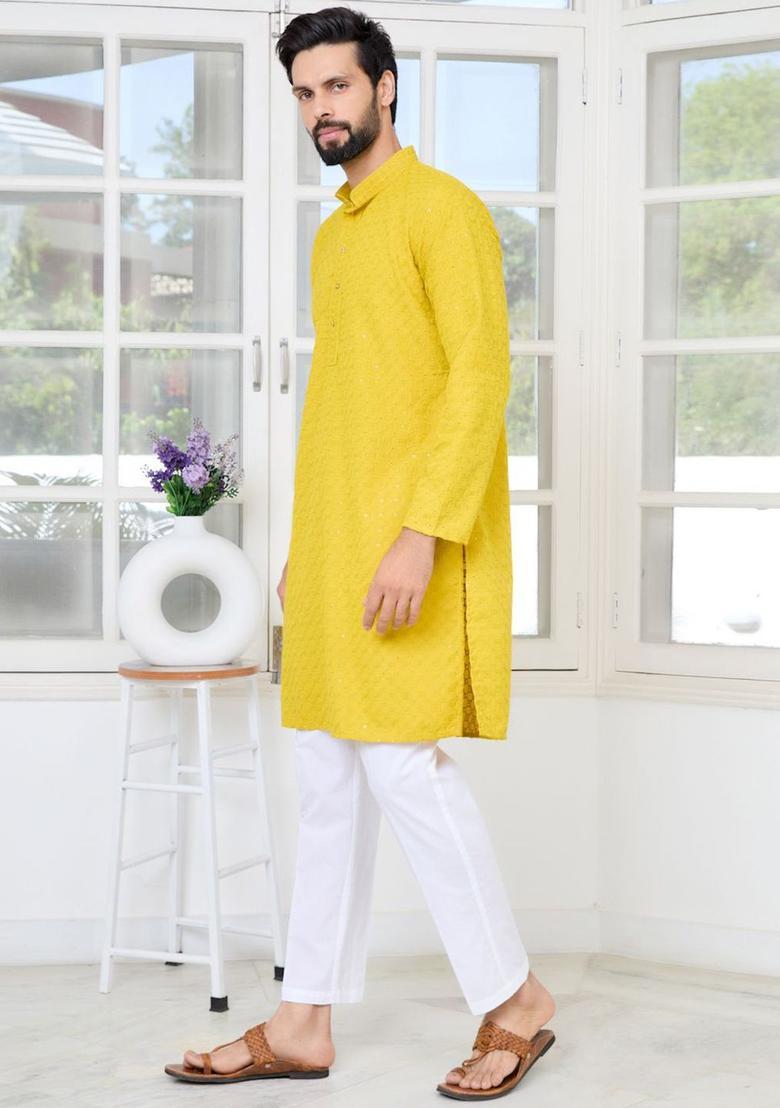 Yellow Embroidered Viscose Kurta Set For Men - Indya