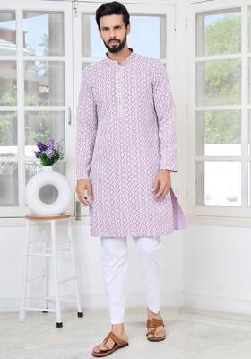 Purple Woven Design Viscose Kurta Set For Men