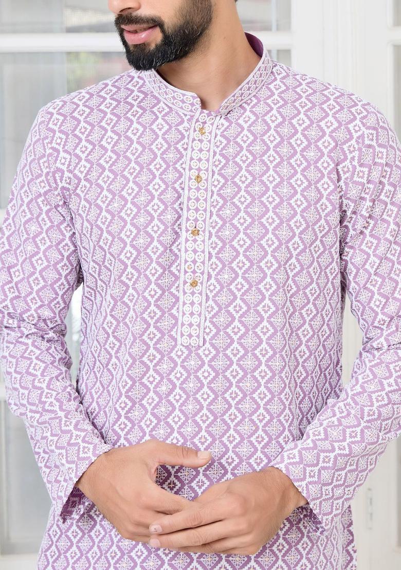 Purple Woven Design Viscose Kurta Set For Men - Indya