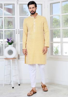 Yellow Embroidered Viscose Kurta Set For Men