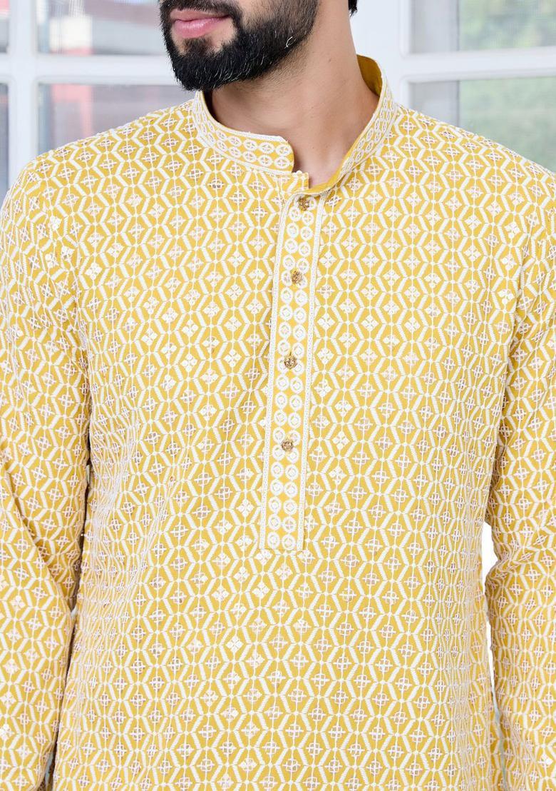 Yellow Embroidered Viscose Kurta Set For Men - Indya