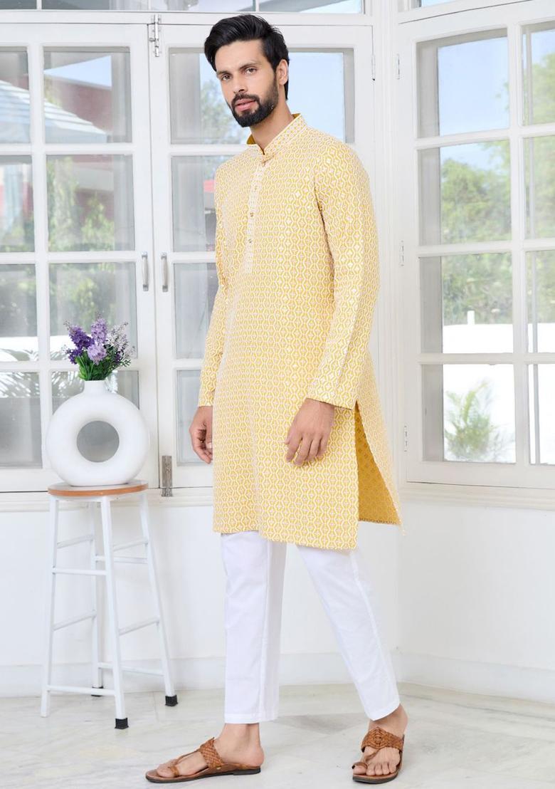 Yellow Embroidered Viscose Kurta Set For Men - Indya