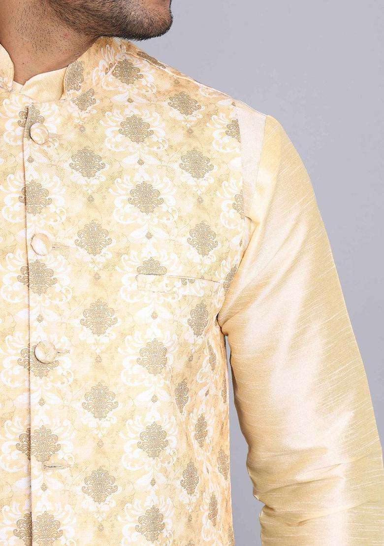 Gold Solid Silk Kurta Set For Men - Indya