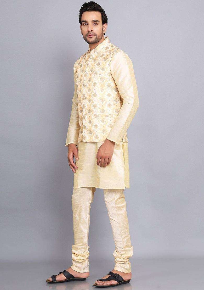 Gold Solid Silk Kurta Set For Men - Indya