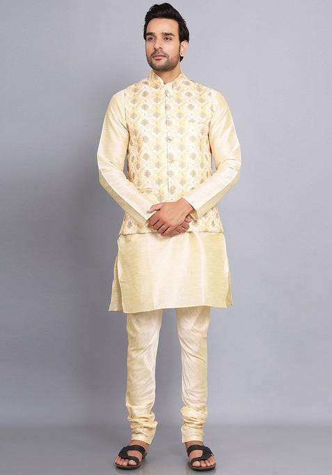 Gold Solid Silk Blend Kurta Set For Men