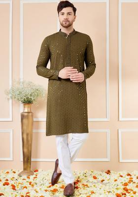 Olive Embroidered Viscose Kurta Set For Men