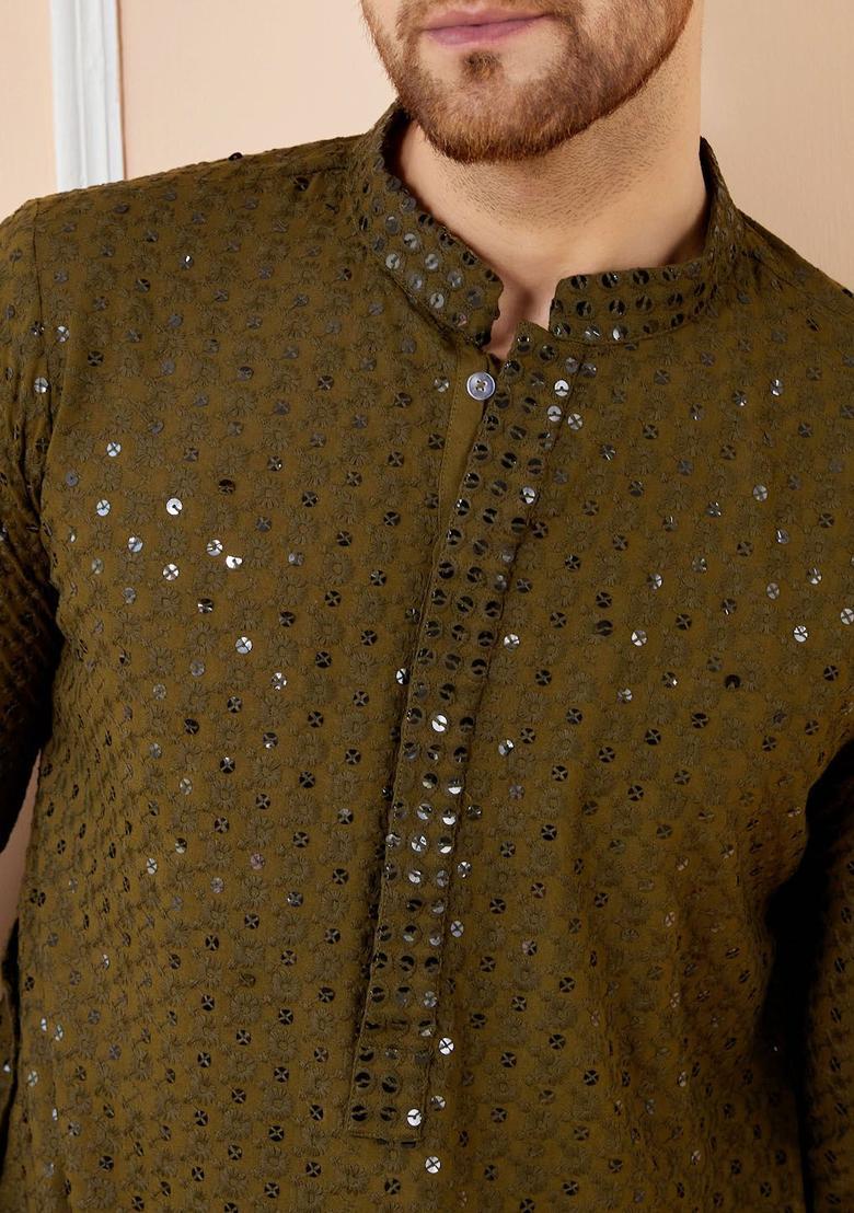 Olive Embroidered Viscose Kurta Set For Men - Indya