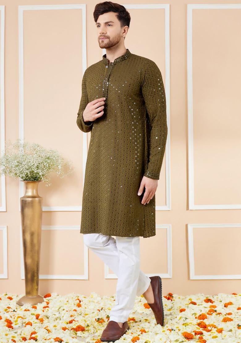 Olive Embroidered Viscose Kurta Set For Men - Indya