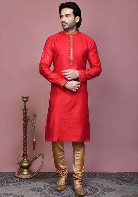 Red Embroidered Cotton Kurta Set For Men